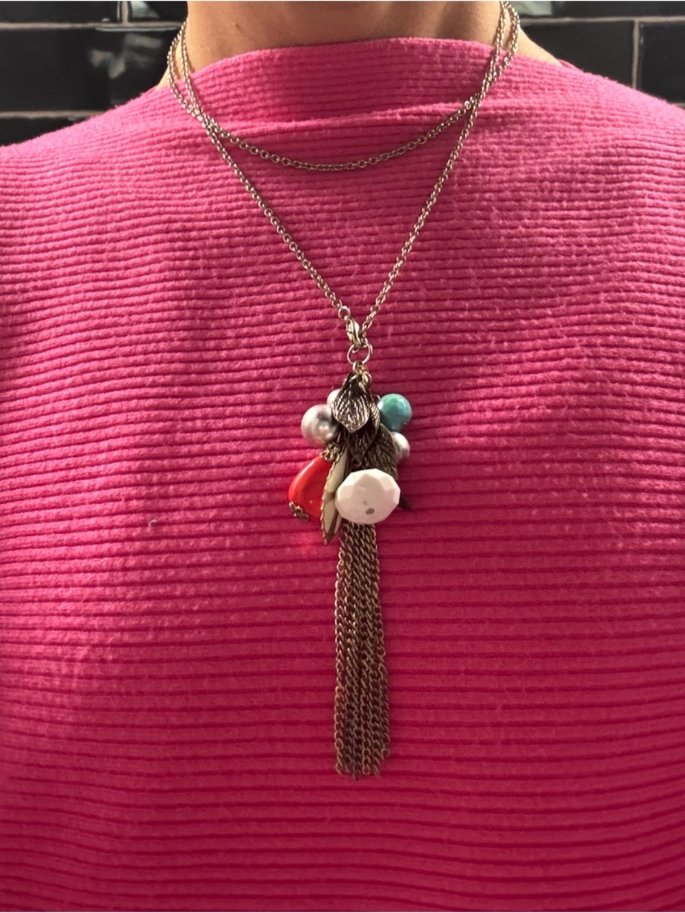 Women’s Multi-Bead Tassel Pendant Necklace - Pink Accent